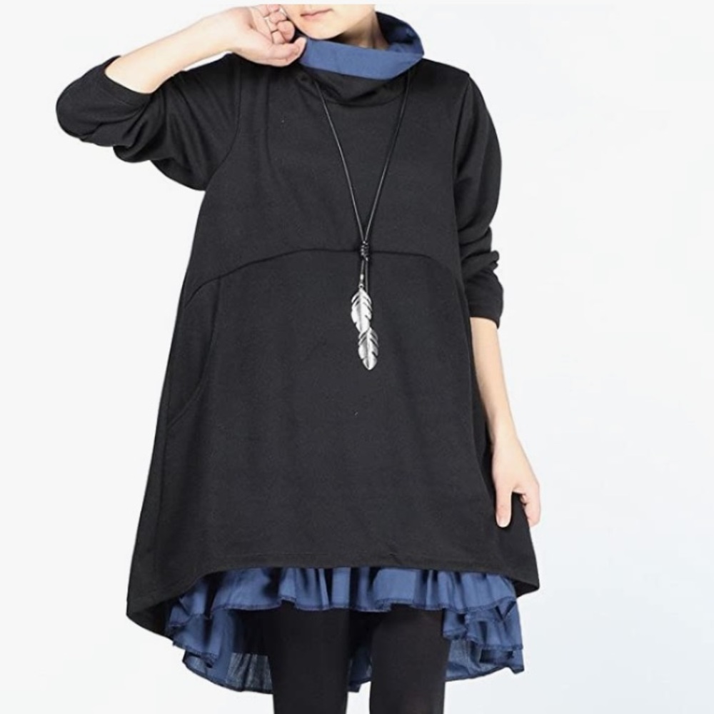 Contrast two-layer Turtleneck Tunic Dress